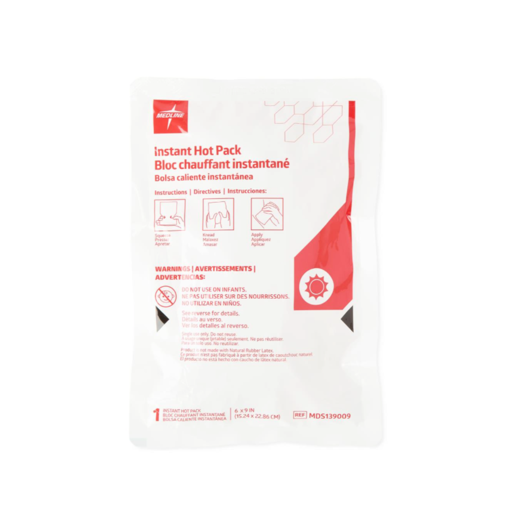 Medline Instant Hot Packs come in a white packet with red text and graphics displaying usage instructions, warnings, and diagrams on the front—perfect for providing therapeutic warmth whenever needed.